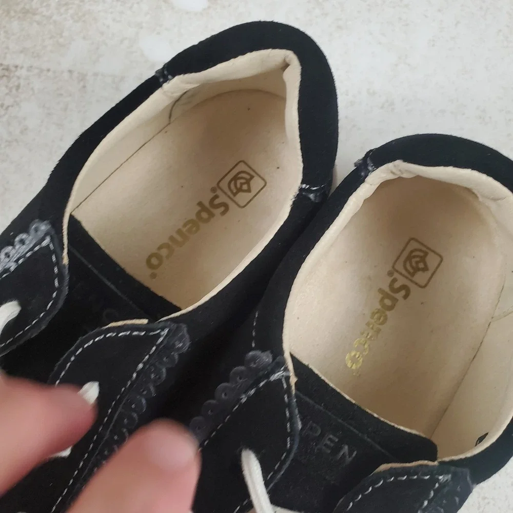 Spenco Camden Womens Shoes Sz 8 Black Suede Shoes Scalloped Trim Sneaker